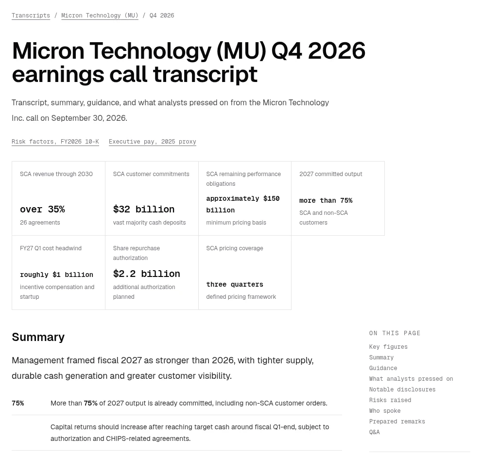 Gloom's Micron Q4 2026 transcript page: the call date, a grid of key figures, the summary, and a list of sections running down to the Q&A