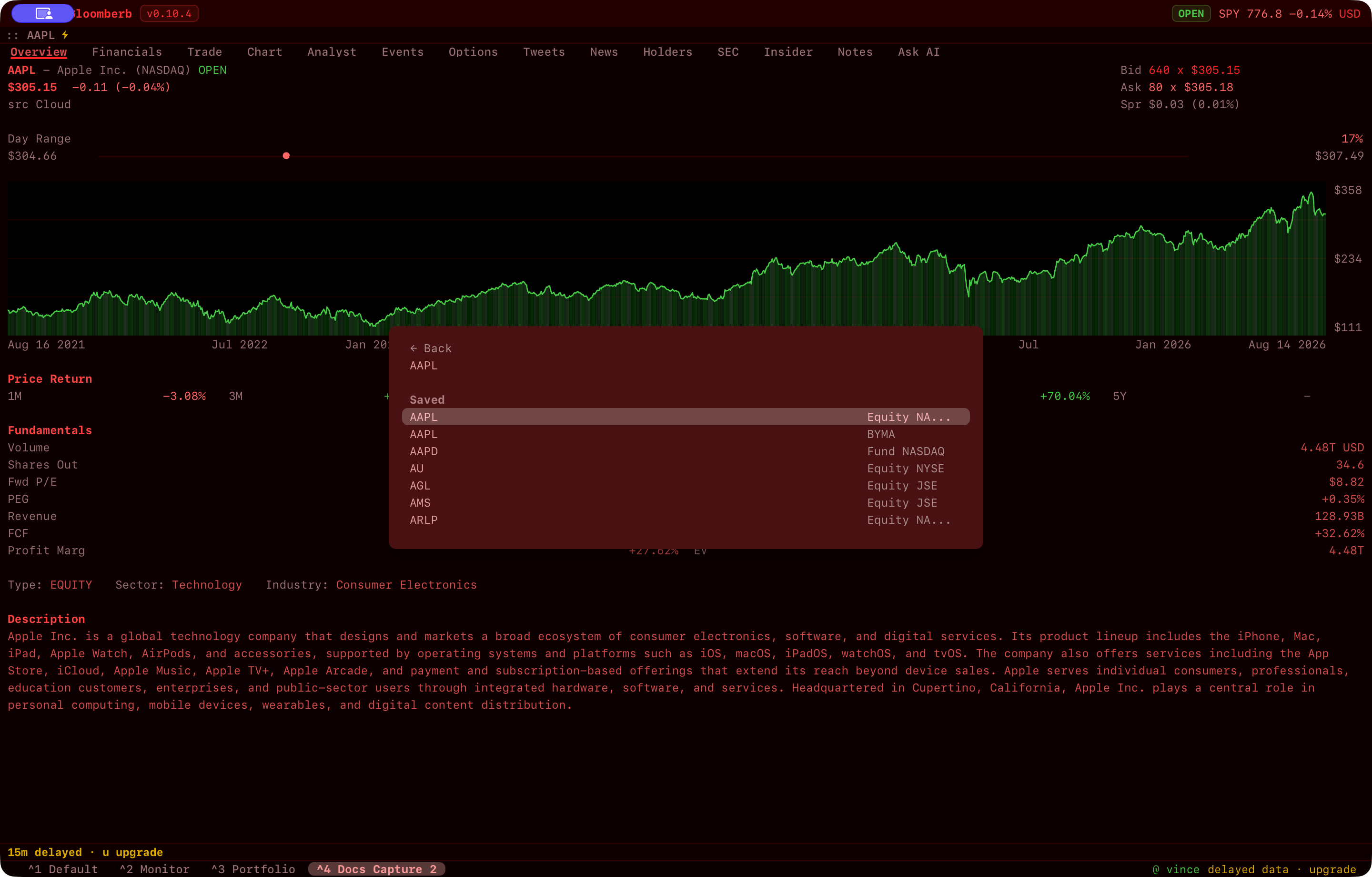 Ticker search showing Apple listings inside Gloomberb